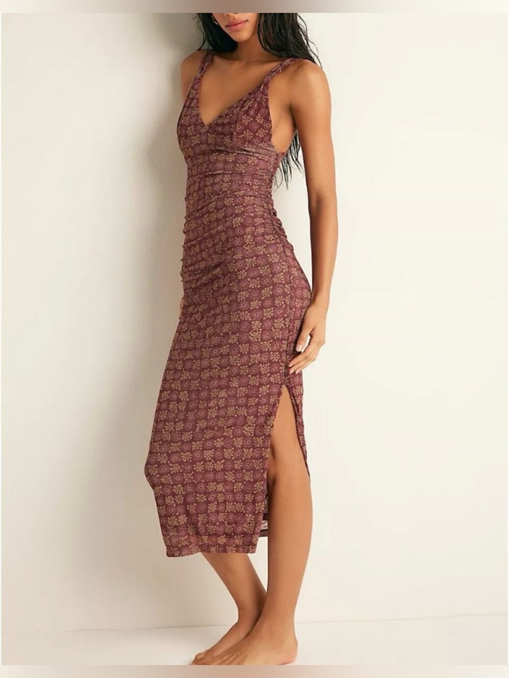 FREE PEOPLE Long Live Printed Mesh Slip / Brown Combo Small NWT